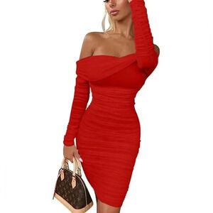 GOKATOSAU Women's Sexy Elegant Ruffle Long Sleeve Off Shoulder Ruched Dress
